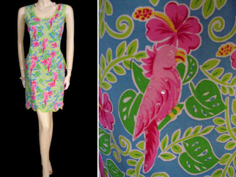 ADORABLE SUMMER HOT PINK & LIME COTTON & SPANDEX SPARKLING SEQUINS  & BEADED COCKATOO PARROT DRESS - SIZE XL