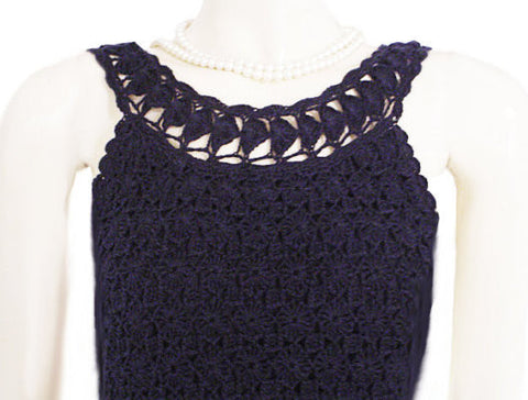 DIANE VON FURSTENBERG $568 RARE STYLE CROCHETED CLASSIC NAVY DRESS WITH SCALLOPED HEM - SIZE LARGE