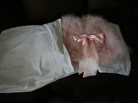 GORGEOUS MARABOU & SATIN STOLE OR BED JACKET  IN TICKLE ME PINK PLUS A BONUS OF A LACE-TRIMMED DUST COVER STORAGE BAG - WOULD MAKE A WONDERFUL GIFT