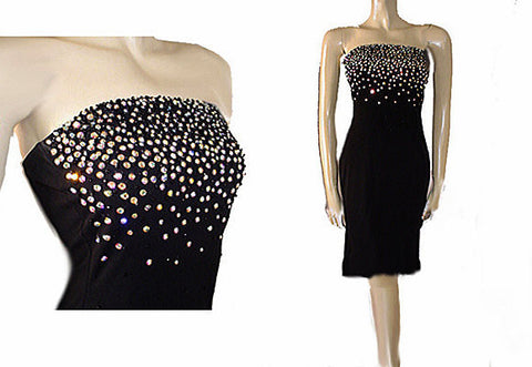 SPARKLING RHINESTONE ENCRUSTED STRAPLESS BEADED EVENING DRESS