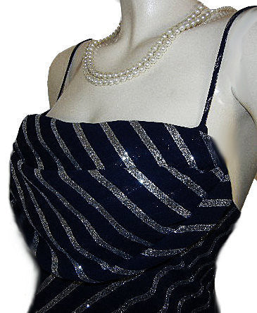 *KARINA NITES SPARKLING METALLIC SILVER & NAVY BIAS-CUT EVENING GOWN - LARGE SIZE