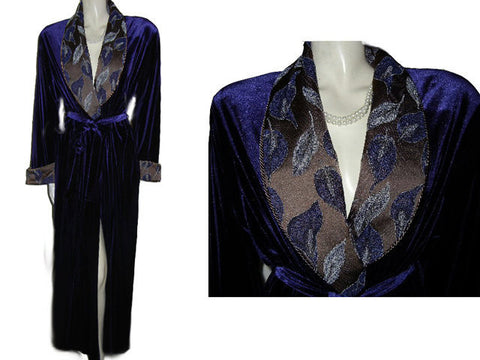 SOLD - NEW - GORGEOUS DIAMOND TEA LUXURIOUS WRAP-STYLE SPANDEX VELVET VELOUR ROBE IN AMETHYST WITH BROCADE APPLIQUE-LOOK FLORAL & LEAF COLLAR & CUFFS - SIZE MEDIUM -  #1 - WOULD MAKE A WONDERFUL GIFT