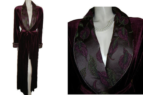 SOLD - NEW - GORGEOUS DIAMOND TEA LUXURIOUS WRAP-STYLE SPANDEX VELVET VELOUR ROBE IN TUSCAN WINE WITH BROCADE FLORAL & LEAVES COLLAR & CUFFS - SIZE MEDIUM - WOULD MAKE A WONDERFUL GIFT