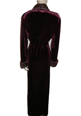 SOLD - NEW - GORGEOUS DIAMOND TEA LUXURIOUS WRAP-STYLE SPANDEX VELVET VELOUR ROBE IN TUSCAN WINE WITH BROCADE FLORAL & LEAVES COLLAR & CUFFS - SIZE MEDIUM - WOULD MAKE A WONDERFUL GIFT