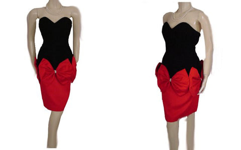 VINTAGE DARCY STRAPLESS SWEETHEART NECKLINE BLACK VELVET & RED PEAU DE SOIE RHINESTONE EVENING DRESS