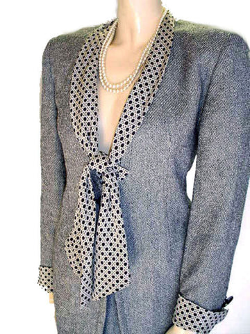 VINTAGE CHRISTIAN DIOR SUIT WITH REMOVABLE LATTICE CANE PATTERN COLLAR & CUFFS