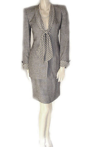 VINTAGE CHRISTIAN DIOR SUIT WITH REMOVABLE LATTICE CANE PATTERN COLLAR & CUFFS