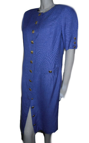 *VINTAGE LOUIS FERAUD LINEN-LOOK DRESS ACCENTED WITH GOLD METAL SQUARE BUTTONS IN PERIWINKLE