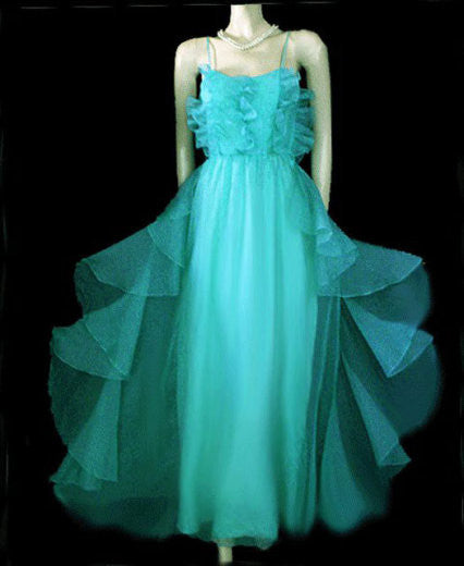 *VINTAGE JOY STEVENS AQUAMARINE ORGANZA FLOUNCE PROM DRESS / FORMAL / EVENING GOWN *VINTAGE JOY STEVENS AQUAMARINE ORGANZA FLOUNCE PROM DRESS / FORMAL / EVENING GOWN