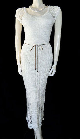 *BEAUTIFUL HANDKNIT SPRING & SUMMER IVORY DRESS WITH SUEDE BELT & BELLS