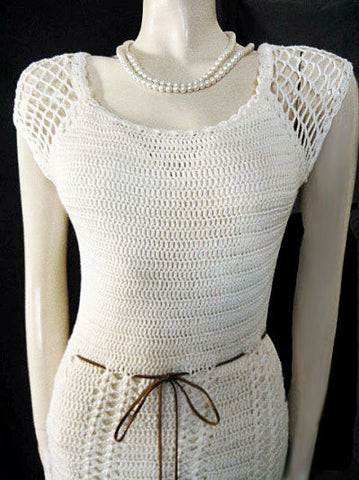 *BEAUTIFUL HANDKNIT SPRING & SUMMER IVORY DRESS WITH SUEDE BELT & BELLS