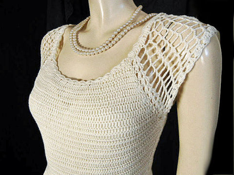 *BEAUTIFUL HANDKNIT SPRING & SUMMER IVORY DRESS WITH SUEDE BELT & BELLS