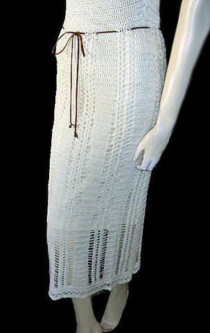 *BEAUTIFUL HANDKNIT SPRING & SUMMER IVORY DRESS WITH SUEDE BELT & BELLS