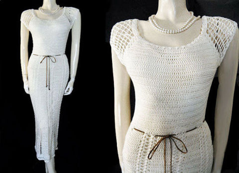 *BEAUTIFUL HANDKNIT SPRING & SUMMER IVORY DRESS WITH SUEDE BELT & BELLS