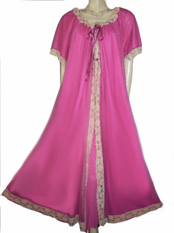 VINTAGE INTIME DOUBLE NYLON LACE PEIGNOIR & NIGHTGOWN SET IN RASPBERRY RIPPLE