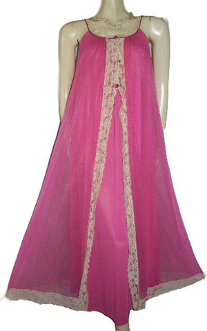 VINTAGE INTIME DOUBLE NYLON LACE PEIGNOIR & NIGHTGOWN SET IN RASPBERRY RIPPLE