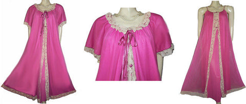 VINTAGE INTIME DOUBLE NYLON LACE PEIGNOIR & NIGHTGOWN SET IN RASPBERRY RIPPLE