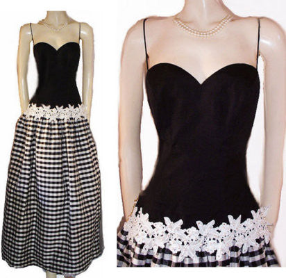 VINTAGE ROBERT-DAVID MORTON SAKS FIFTH BLACK & WHITE SWEETHEART NECKLINE RAW SILK PLAID RHINESTONE & PEARL APPLIQUE EVENING GOWN