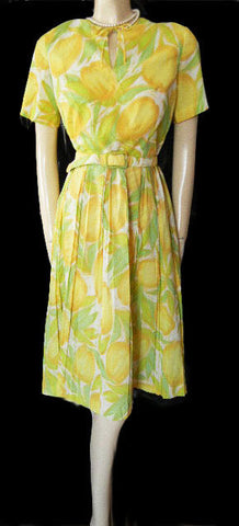 *VINTAGE 50s / '60s YELLOW & GREEN TULIPS NOVELTY DRESS ADORNED WITH METAL ZIPPER