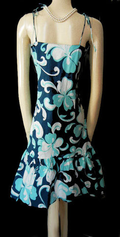 COOL AS A CUCUMBER SUMMER SUNDRESS ADORNED WITH EXOTIC FLOWERS AND LEAVES IN AQUA, WHITE & MISTY NAVY - EXTRA LARGE - XL