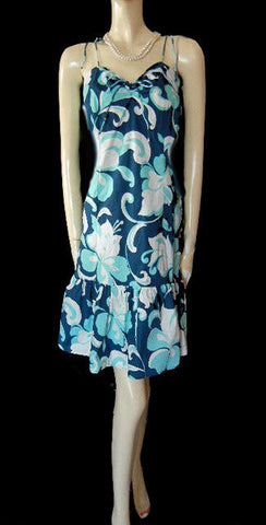 COOL AS A CUCUMBER SUMMER SUNDRESS ADORNED WITH EXOTIC FLOWERS AND LEAVES IN AQUA, WHITE & MISTY NAVY - EXTRA LARGE - XL