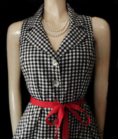 *VINTAGE-LOOK COLDWATER CREEK BLACK & WHITE CHECKED SWING DRESS WITH SCARLET RIBBON BELT