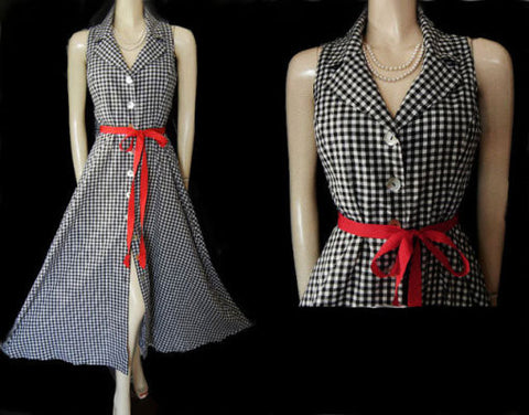 *VINTAGE-LOOK COLDWATER CREEK BLACK & WHITE CHECKED SWING DRESS WITH SCARLET RIBBON BELT