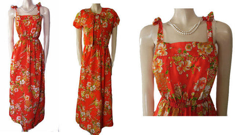 * VINTAGE SWEETHEARTS ARE MADE IN HAWAII HIBISCUS DRESS & JACKET ENSEMBLE IN A GORGEOUS HIBISCUS PRINT IN JUICY PAPAYA