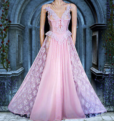 VINTAGE ROMANTIC FAIRYTALE “TREASURE” BY FARIS LACE RUFFLE GRAND SWEEP BUSTIER-LOOK NIGHTGOWN IN BREATHTAKING PINK