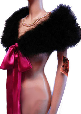 *NEW - GORGEOUS LAPIS MARABOU FEATHER & SATIN STOLE OR BED JACKET IN JET BLACK WITH LONG HOT PINK SATIN TIES - NEW WITH TAG