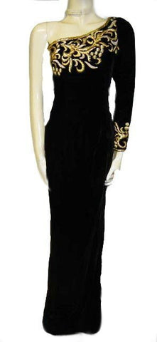 *FROM MY OWN PERSONAL COLLECTION - SOPHISTICATED VINTAGE ONE SHOULDER GODDESS BLACK VELVET & GOLD EVENING GOWN