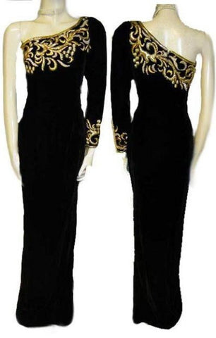 *FROM MY OWN PERSONAL COLLECTION - SOPHISTICATED VINTAGE ONE SHOULDER GODDESS BLACK VELVET & GOLD EVENING GOWN