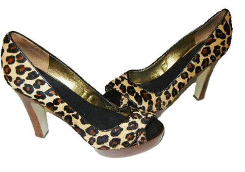 MARC FISHER MANMADE LEOPARD PONYHAIR PLATFORM PEEPTOE HIGH HEELS
