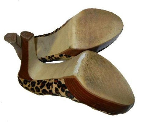 MARC FISHER MANMADE LEOPARD PONYHAIR PLATFORM PEEPTOE HIGH HEELS
