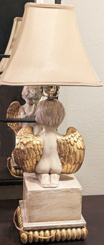 * ADORABLE VINTAGE ANGEL WITH GORGEOUS GOLD WINGS TABLE LAMP DISTRESSED CHERUB LAMP