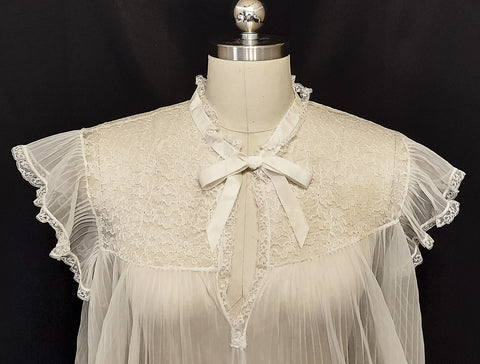 VINTAGE SHEER PLEATED NIGHTGOWN WITH LACE YOLK FLUTTER SLEEVES AND SATIN RIBBON