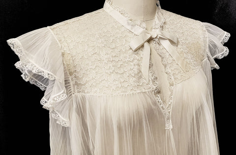 VINTAGE SHEER PLEATED NIGHTGOWN WITH LACE YOLK FLUTTER SLEEVES AND SATIN RIBBON