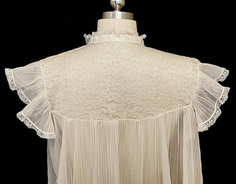 VINTAGE SHEER PLEATED NIGHTGOWN WITH LACE YOLK FLUTTER SLEEVES AND SATIN RIBBON