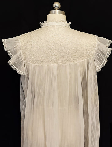*VINTAGE SHEER PLEATED NIGHTGOWN WITH LACE YOLK FLUTTER SLEEVES AND SATIN RIBBON
