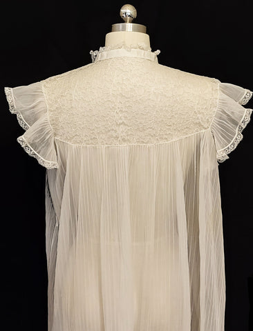 VINTAGE SHEER PLEATED NIGHTGOWN WITH LACE YOLK FLUTTER SLEEVES AND SATIN RIBBON