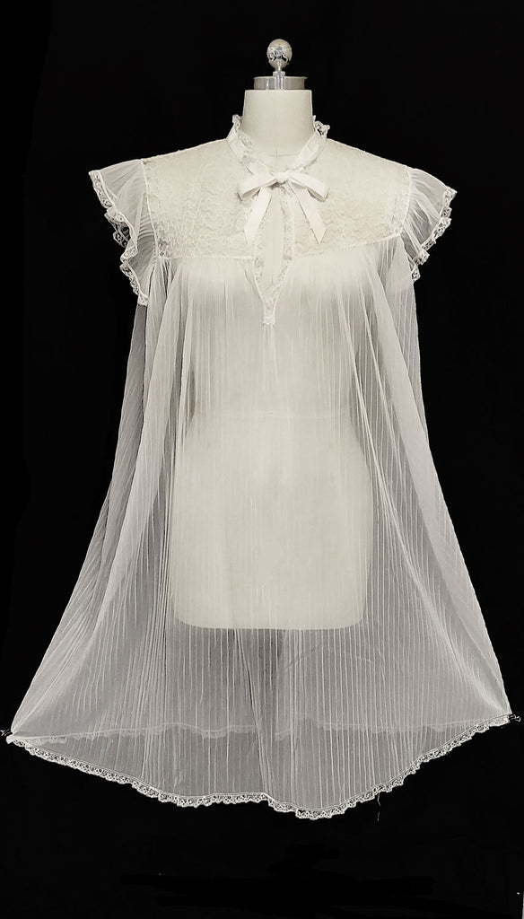 VINTAGE SHEER PLEATED NIGHTGOWN WITH LACE YOLK FLUTTER SLEEVES AND SATIN RIBBON
