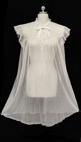 VINTAGE SHEER PLEATED NIGHTGOWN WITH LACE YOLK FLUTTER SLEEVES AND SATIN RIBBON