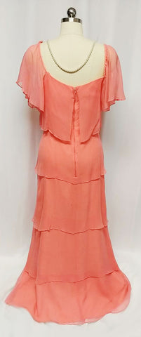 *GLAMOROUS VINTAGE '60s / '70s 5-TIER TITANIC-LOOK CHIFFON EVENING GOWN IN APRICOT