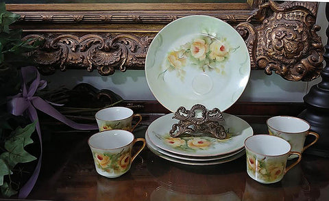 VINTAGE BAVARIA, GERMANY HAND PAINTED YELLOW ROSES LUNCHEON PLATES & CUPS / SNACK PLATES (SET OF 4 CUPS & 4 LUNCHEON PLATES)