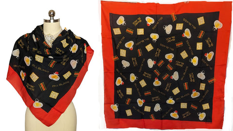 *  VINTAGE BILL BLASS PERFUME BOTTLES BLACK , GOLD & SCARLET SILK SCARF