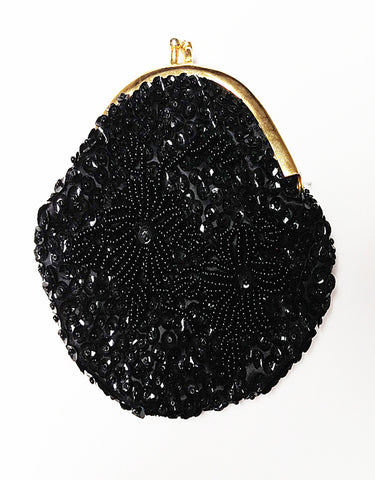 * VINTAGE HAND MADE MID CENTURY SPARKLING BLACK HEAVILY BEADED SEQUIN COIN PURSE