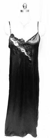 *NEW OLD STOCK - MADE IN ITALY '80S BLACK SATIN NIGHTGOWN WITH FLORAL & LEAF APPLIQUES
