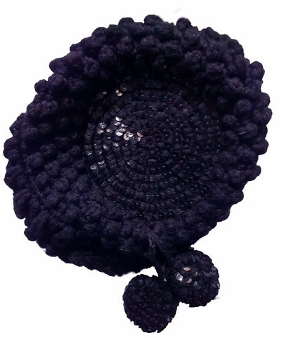 VINTAGE WOOL KNIT HAT WITH SPARKLING SEQUIN CROWN & POM POM TASSELS
