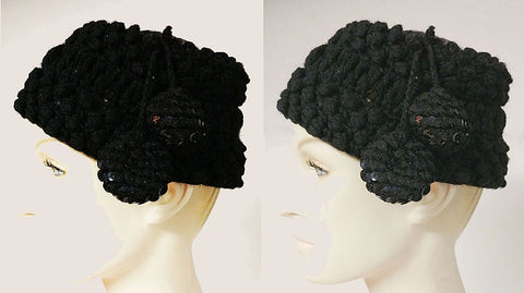 *VINTAGE WOOL KNIT HAT WITH SPARKLING SEQUIN CROWN & POM POM TASSELS