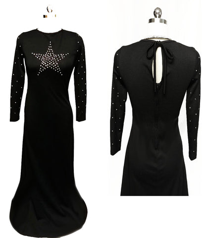 * VINTAGE BLACK SPARKLING RHINESTONE STAR EVENING GOWN WITH KEYHOLE BACK